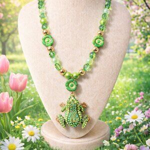 Whimsical Spring Frog Statement Necklace | Green Beaded Frog Pendant Necklace |